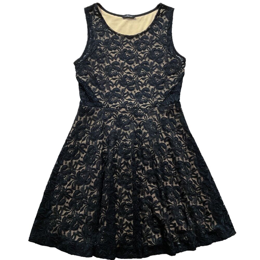 Soprano Womens Dress sz L Black Tan Lined Illusion Pullover Fit & Flare Stretch